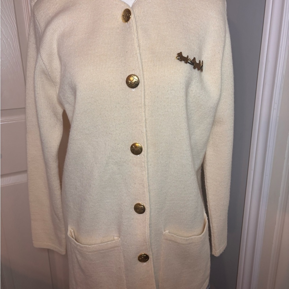 Vintage Cream Cardigan with Gold Doggie Buttons and brooch